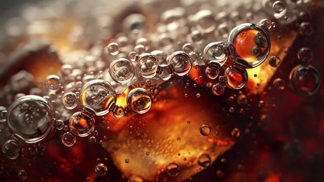Refreshing dark carbonated drink close-up, with sparkling effervescent bubbles and frosty ice cubes, a dynamic and inviting cool sensation