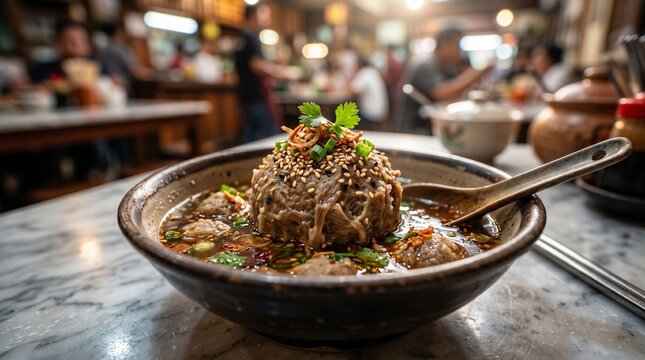 A large, savory meatball soup topped with sesame seeds and herbs, served in a ceramic bowl at a bustling, authentic Asian eatery.
