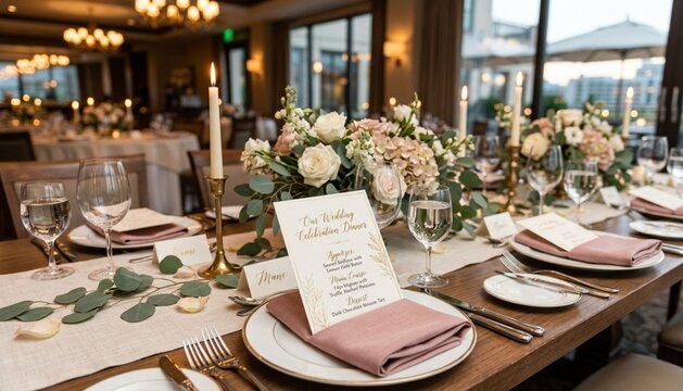 fine dining table setting of luxury fancy restaurant menu invitation card mockup for weddings and romantic eating event decoration as wide banner with

