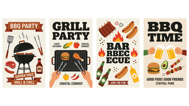 Summer outdoor feast poster set featuring grill charcoal burger and drinks.