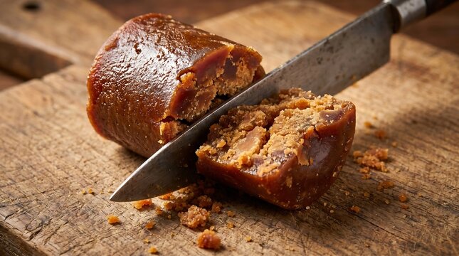 Indonesian Gula Merah Palm Sugar Cut Open Revealing Crumbly Brown 