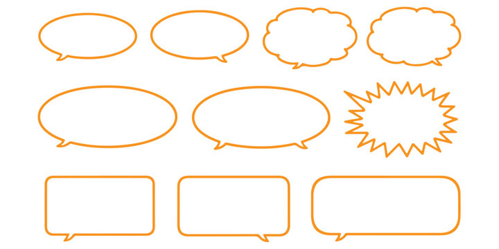 Set of various speech bubbles and comic thought balloons with orange outline