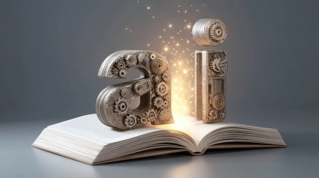 Industrial Concept Artwork Showcasing AI and Innovation with Gears Emanating Sparks from an Open Book Under Ambient Lighting