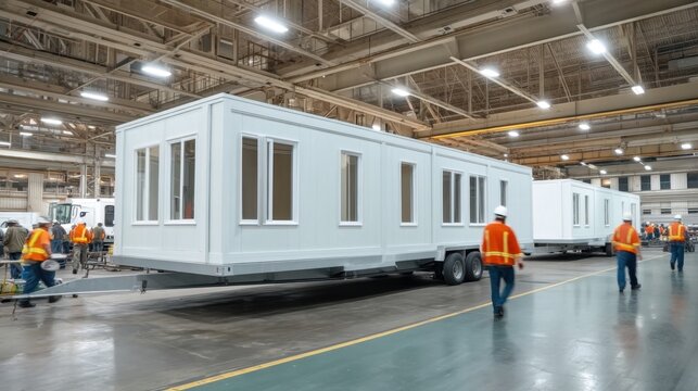 Factory Scene Featuring Safety-Conscious Workers Operating within a Manufacturing Environment with Modular Units in Process of Completion