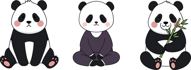 Obraz premium Cute panda cartoon characters set with sitting poses and bamboo, adorable bear illustrations, minimalist animal vector collection isolated on light background