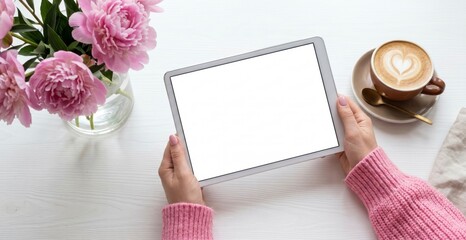 Obraz premium Woman Holding Tablet with Blank Screen and Coffee on White Table for Web Design