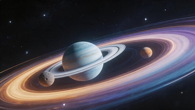 Space planet with rings and moons