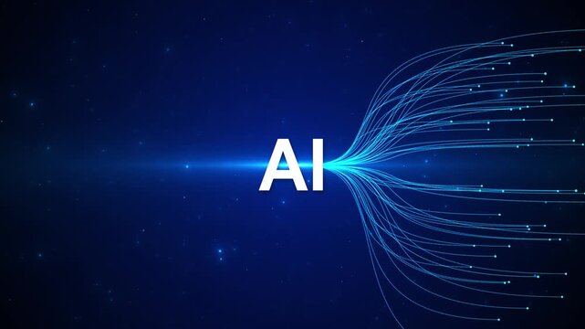 AI neural lines background white letters, blue data fibers, dark star space, and digital connection paths. artificial intelligence videos, machine learning explainers, tech intros, and overlays.