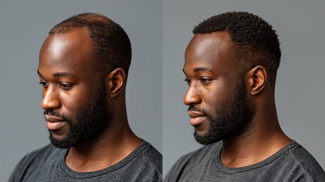 Before and after hair transplant result for Black man with thinning hair and balding