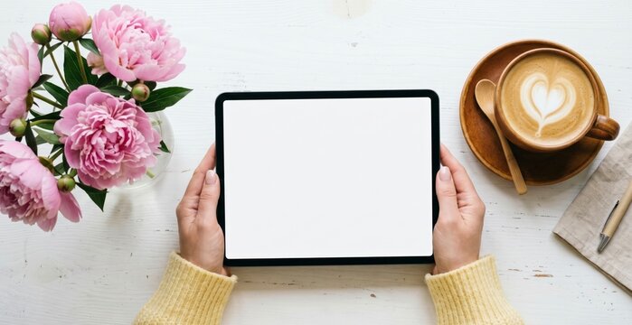 Hands Holding Digital Tablet with Blank Screen and Peonies on White Wood Table for Web Design