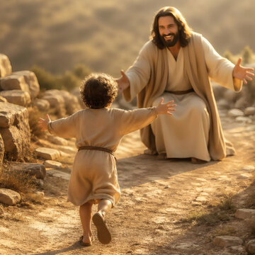 little boy running to jesus divine joy innocence faith hope warm cinematic high angle sunlit embrace christian art emotional connection