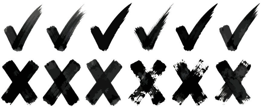 Collection of brush stroke checkmarks and cross signs for right or wrong indications perfect for modern graphic design