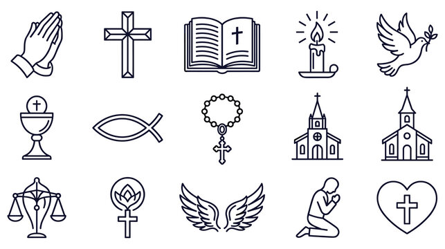 Religious symbols praying hands cross holy bible candle dove church icons.