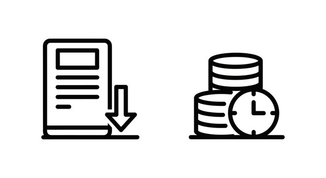 Pending transactions icons: document with arrow and stacked coins with clock transactions document currency business commerce exchange investment merchandise operation shopping