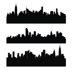 Obraz premium City Skyline Silhouettes Set – Urban Cityscape Panoramas with Skyscrapers Vector Illustration Collection