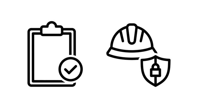 Checklist clipboard with checkmark and hard hat with shield and lock icons checklist clipboard checkmark approved verified document protection equipment security confidential compliance