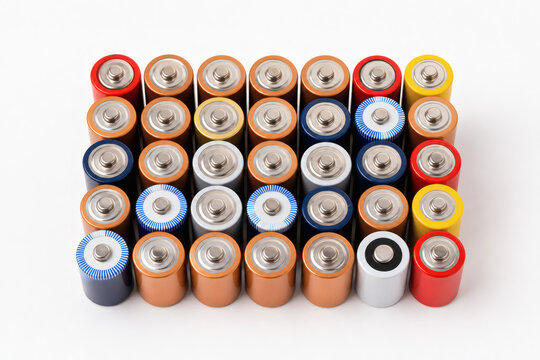 Colorful batteries top view arranged in grid pattern, energy and technology background