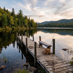 Naklejka premium Small Rustic Fishing Dock by Peaceful Lake Offering Quiet Nature Escape and Timeless Charm