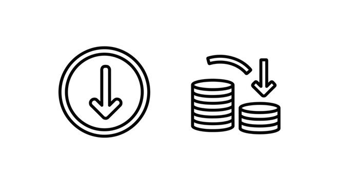 Circular icon with downward arrow and stack of coins with downward arrow deflation decrease reduction economic recession downturn illustration minimalist business financial