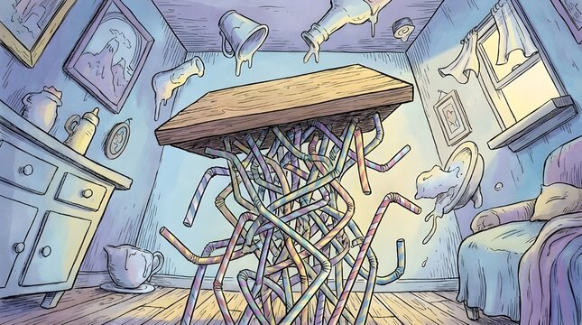 Surreal wooden table balanced precariously upon a dense cluster of colorful plastic straws in a distorted fantasy room