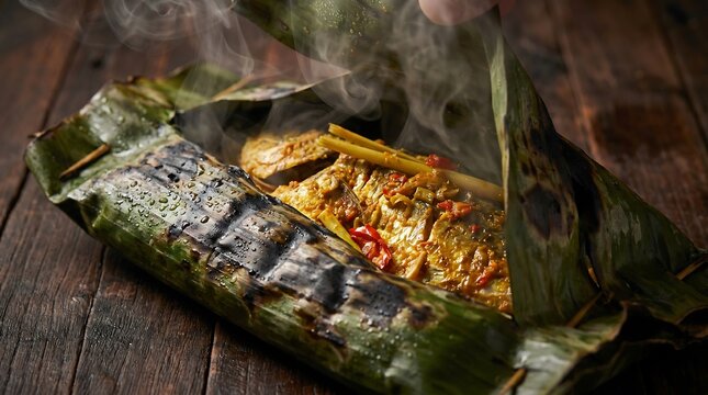 Freshly Grilled Indonesian Pepes Banana Leaf Parcel Unwrapped Revealing Steaming Spiced Fish