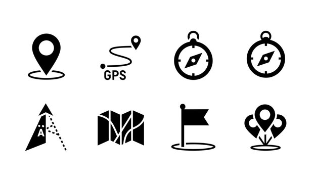 8 Navigation icons map pin GPS compass flag and route, outline solid styles, UI and web interface design