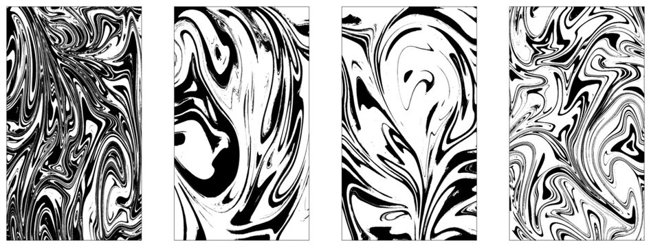 Black and white ink marble texture. Monochrome ebru stains banners vector set.