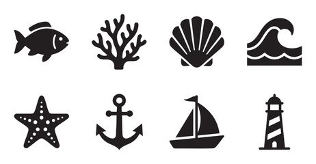Obraz premium A collection of eight simple black vector icons representing various nautical and sea life elements, perfect for design projects.