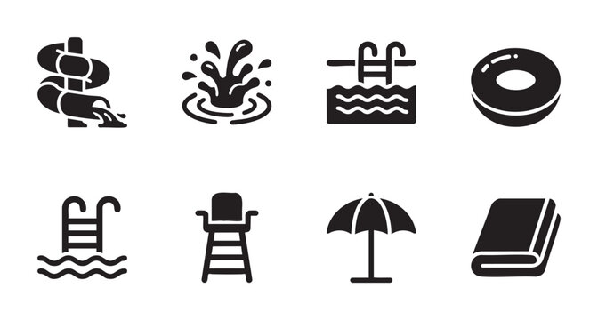 This set of vector icons features essential summer pool and recreation elements, including a water slide, splash, pool ladder, float, lifeguard chair, umbrella, and towel.