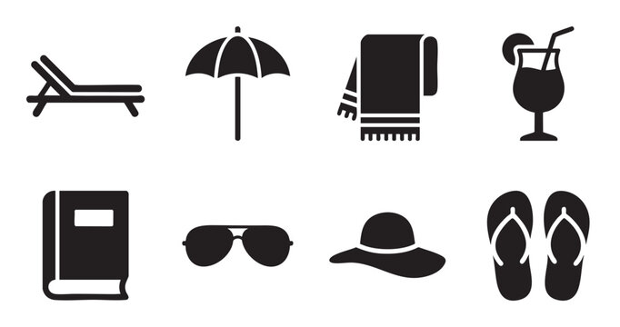 A collection of black vector icons representing items for a beach vacation, including a lounge chair, umbrella, towel, drink, book, sunglasses, hat, and flip-flops.