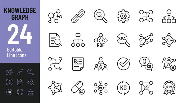 Knowledge Graph Line Editable Icons set. Vector illustration in a modern thin line style of data technology related icons: semantic web, RDF, machine learning, network, graph database and more.