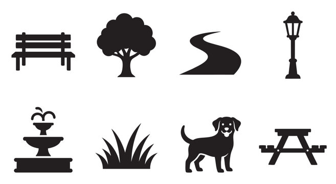 A collection of black vector icons representing park elements like a bench, tree, path, lamppost, fountain, grass, dog, and picnic table.