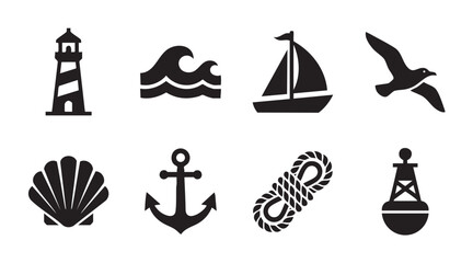 Obraz premium A collection of black silhouette icons depicting various nautical elements, including a lighthouse, waves, sailboat, seagull, seashell, anchor, rope, and buoy, on a white background.