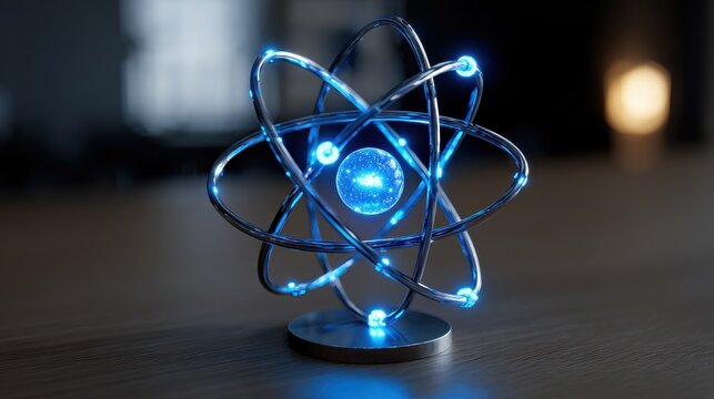 Futuristic glowing atom model with blue light representing subatomic physics and nuclear energy on a dark desk