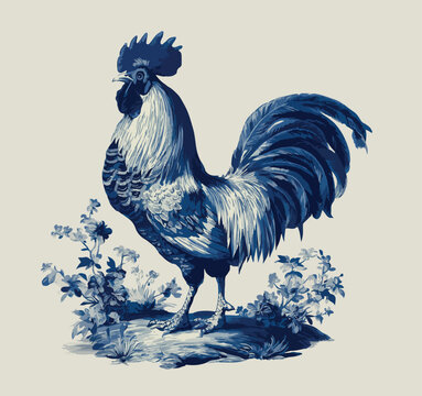 Blue Rooster with Floral Ornaments, Vintage Delftware Style Vector Illustration