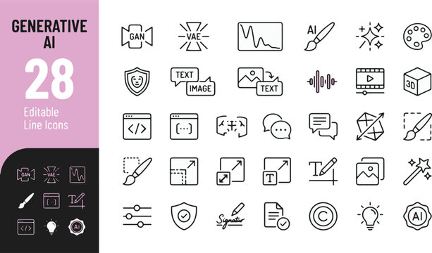 Generative AI Line Icons Set. Vector illustration in a modern thin line style of artificial intelligence technology icons: GAN, VAE, text to image, chatbot, video creation, and neural networks.