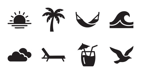 Obraz premium Collection of black silhouette icons depicting summer vacation elements such as a sunset, palm tree, hammock, wave, clouds, lounge chair, drink, and bird on a white background.