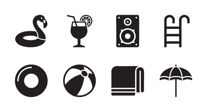 Collection of black solid icons representing summer pool party elements including a flamingo float, drink, speaker, ladder, ball, towel, and umbrella.