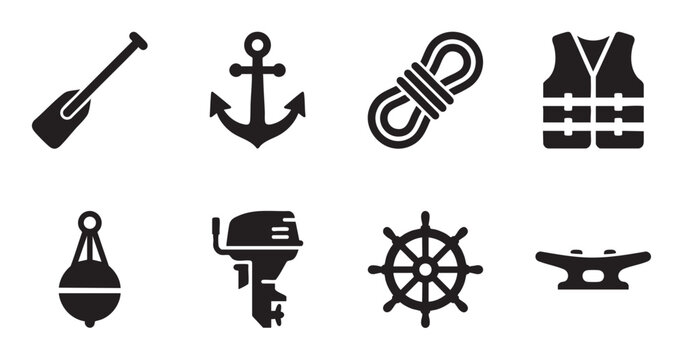 A collection of eight black vector icons on a white background, representing various nautical and boating equipment, perfect for maritime themes.