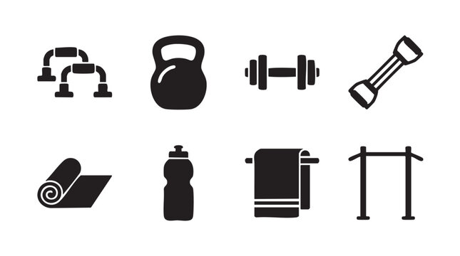 A clean black and white vector illustration displays a collection of essential gym equipment, perfect for fitness or sports-related designs.