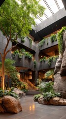 Fototapeta premium Lush indoor garden featuring stone elements and plants in a modern architectural space.