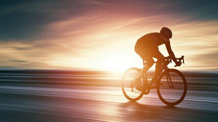 Fototapeta premium Male road cyclist riding at speed on empty paved road by sea against warm golden sunset sky with motion blur captures dynamic cycling training concept