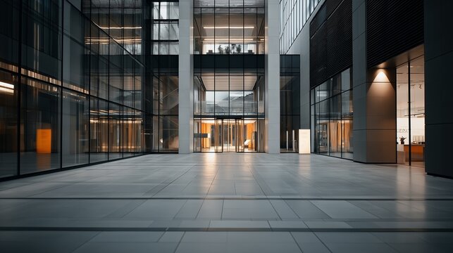 Modern architectural interior with sleek glass walls and a spacious lobby area.