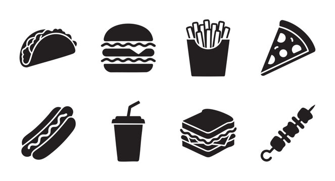 Collection of eight simple, black silhouette icons representing various fast food items on a clean white background.