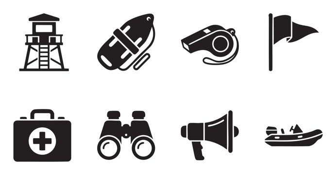 A collection of black silhouette icons representing lifeguard equipment including a tower, rescue buoy, whistle, flag, first aid kit, binoculars, megaphone, and boat.