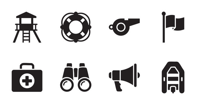 Collection of black silhouette icons for lifeguard equipment including a tower, lifebuoy, whistle, flag, first aid kit, binoculars, megaphone and inflatable boat.