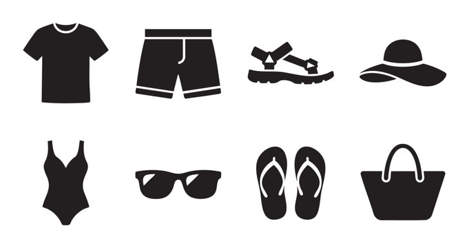 A collection of black vector icons representing summer vacation essentials like a t-shirt, shorts, sandals, hat, swimsuit, sunglasses, flip flops, and a beach bag.