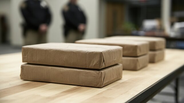 Stacked brown paper packages of seized illegal drugs on a wooden table with police officers in background