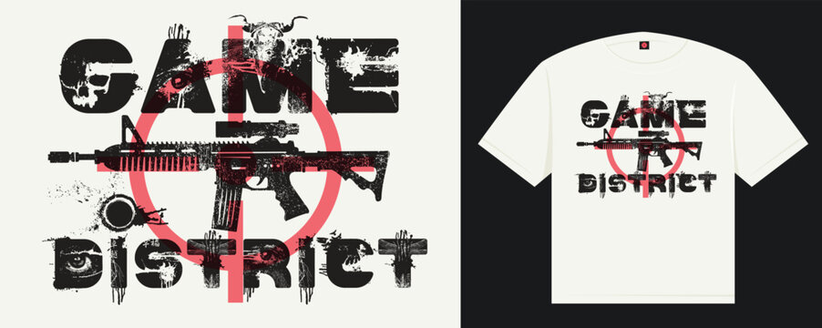 T-shirt graphic. Game district Grunge Typography Poster, Gaming Club Banner, Dark Gamer Room Wall Art with machine gun, optical sight.