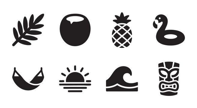 A collection of eight black vector icons representing summer and tropical themes, including a palm frond, pineapple, flamingo float, hammock, sunset, wave, tiki mask and a speech bubble.